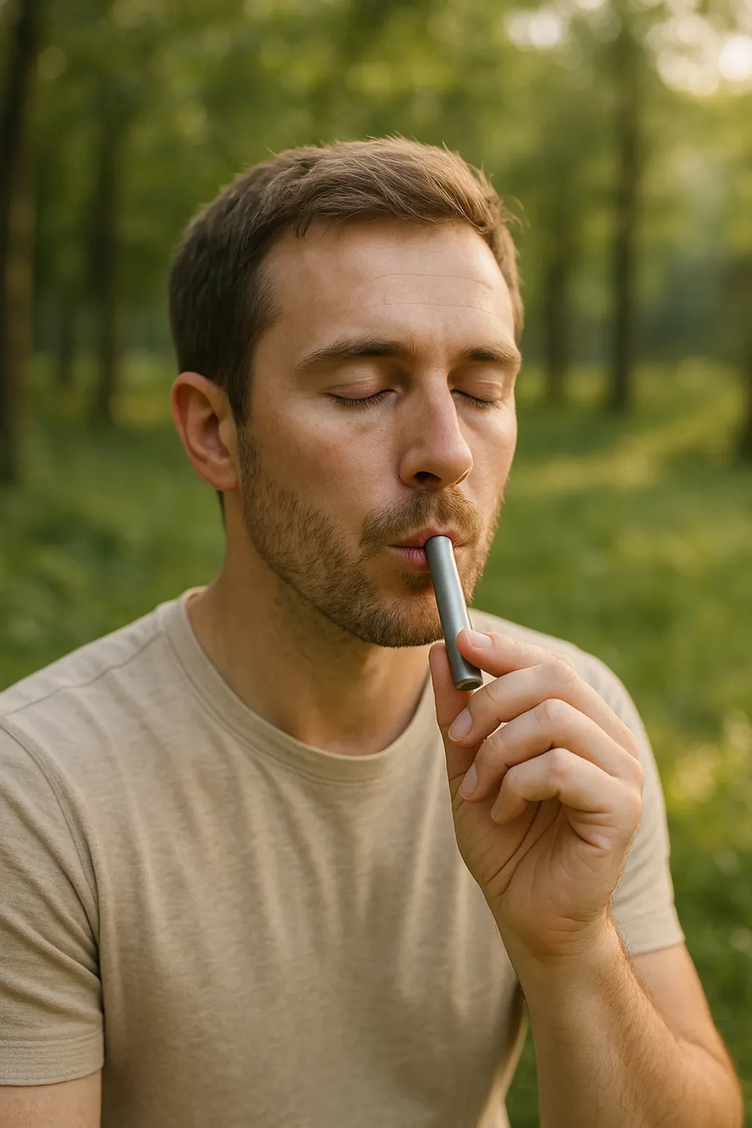 Personne en pleine respiration avec le collier NaturelZen pour retrouver le calme naturellement