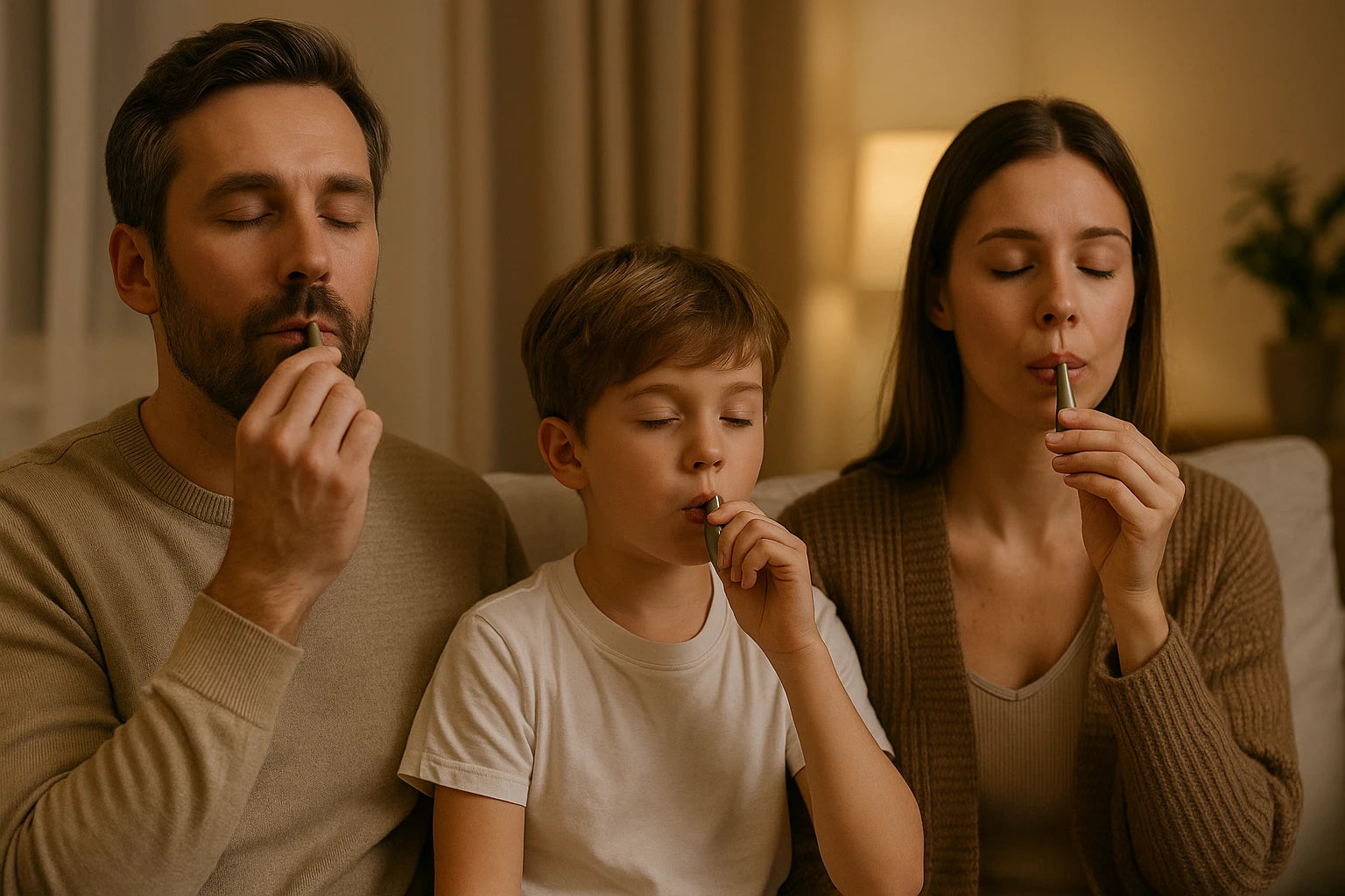 Famille réunie dans le calme grâce à la respiration guidée avec le collier NaturelZen