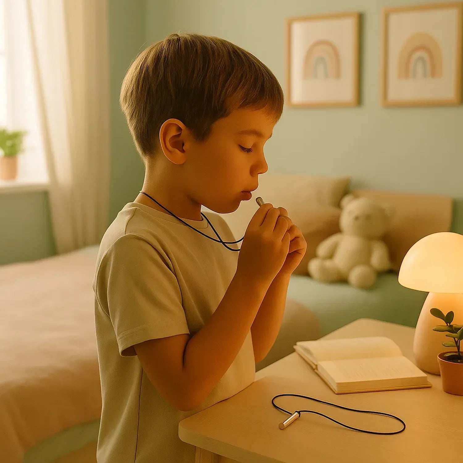 Enfant apprenant à gérer seul ses émotions avec l’aide du collier NaturelZen, en pleine autonomie