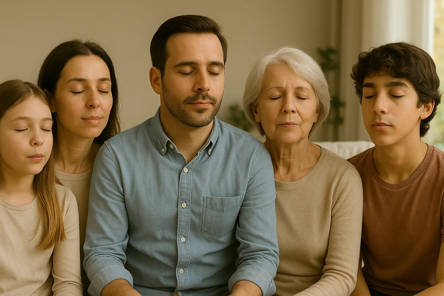 Famille constitué de homme, femme, grand-mère, enfants qui respire profondément